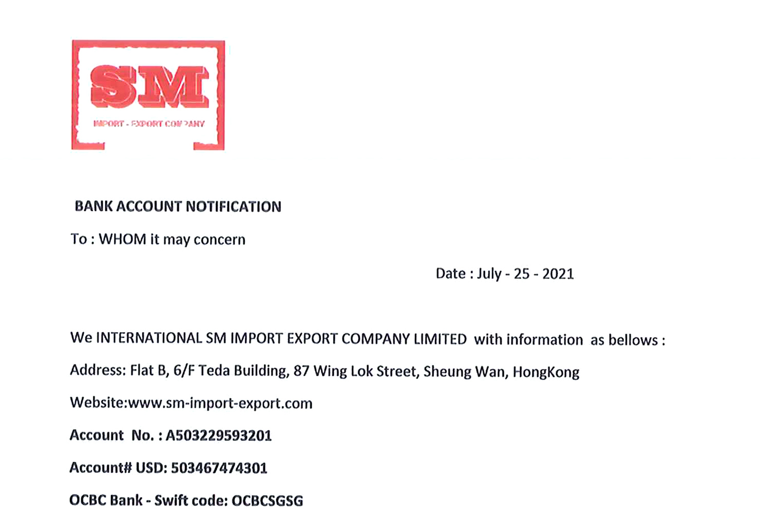 Announcement of change of bank account